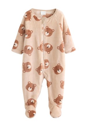 Body beige per neonati con motivo di facce di orsetti marroni, maniche lunghe, gambe con piedini e chiusura frontale con cerniera.