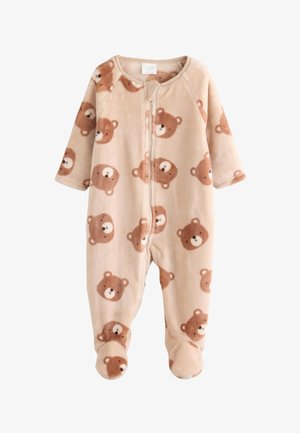 Beige babyheldragt med brune bamseansigter, lange ærmer, fod og lynlås foran.