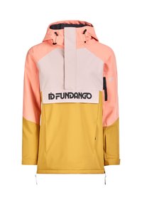 Hooded pullover jacket with pink, beige, and mustard color blocks, front zip flap, chest pocket, and "iD FUNDANGO" logo across front.