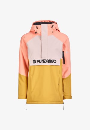 Kaptur na pulower z różowymi, beżowymi i musztardowymi blokami kolorów, z przednim zapięciem na suwak, kieszenią na piersi oraz logo "iD FUNDANGO" na przodzie.