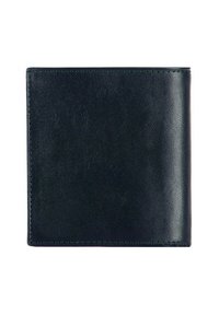 Billetera bifold de cuero negro con costuras visibles a lo largo de los bordes, mostrada cerrada contra un fondo blanco.