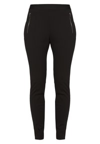 Pantaloni neri attillati con una texture liscia, dotati di tasche laterali con zip e una vita. Nessun motivo o accentuazione visibile.