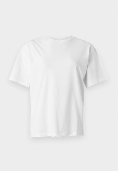 Plain white short-sleeve crew neck t-shirt displayed flat on a light gray background.