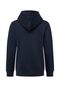 Marineblaue Kapuzenjacke mit Kordelzug, gerippten Bündchen und Saum. Hergestellt aus weichem Stoff mit glatter Textur und schlichter Gestaltung.