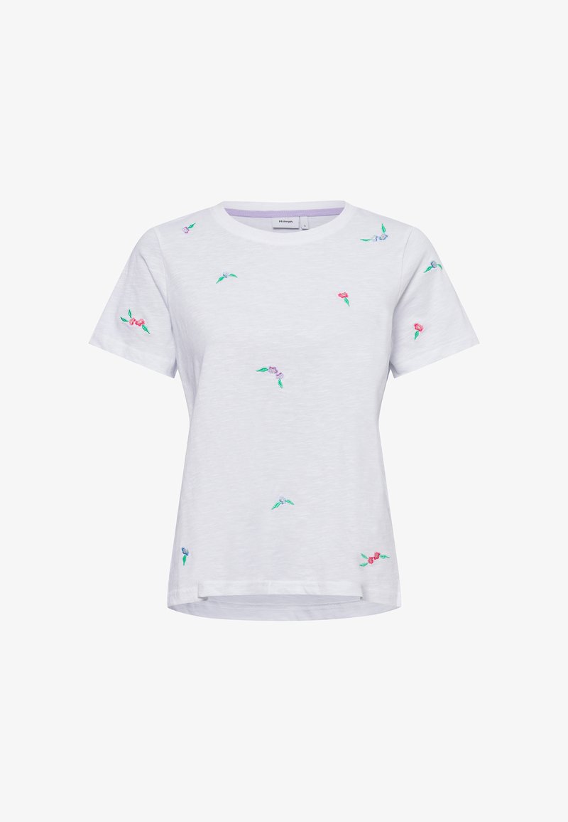 White cotton t-shirt with short sleeves, featuring colorful floral embroidery in pink, purple, and green across the surface.