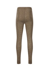 Bruna, elastiska leggings med en melerad textur och hög midja. Åtsittande design utan synliga sömmar eller dekorationer.