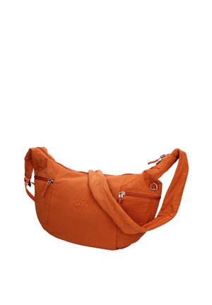 Borsa a tracolla arancione con tracolla regolabile, due tasche con zip e logo "GMV" ricamato su tessuto strutturato.