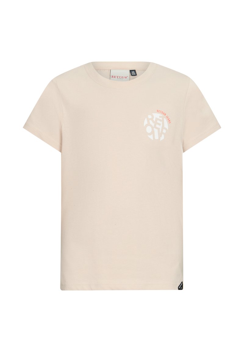 T-shirt in cotone beige chiaro con maniche corte, colletto rotondo e logo bianco circolare sul petto con accenti rossi. Design casual.