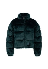 Jachetă puffer din blană artificială teal, design scurt, guler înalt, închidere cu fermoar, model matlasat, manșoane elastice și textură moale.