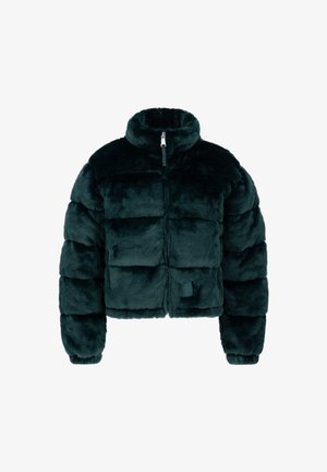 Veste en fausse fourrure teal, design court, col montant, fermeture éclair, motif matelassé, poignets élastiques et texture douce.