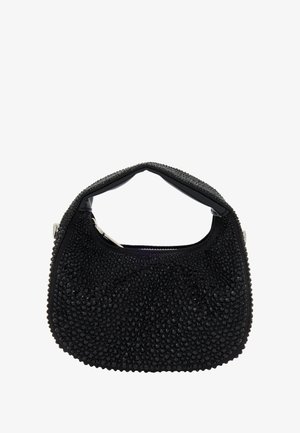 Borsa nera con superficie testurizzata, design chiodato, forma arrotondata, doppi manici e accessori in argento. Chiusura con zip nella parte superiore.