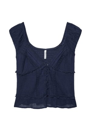 Blouse bleu marine à manches courtes avec encolure carrée, bords à volants, fermeture boutonnée à l'avant et détails de rayures verticales texturées.