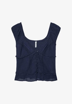 Blouse bleu marine à manches courtes avec encolure carrée, bords à volants, fermeture boutonnée à l'avant et détails de rayures verticales texturées.