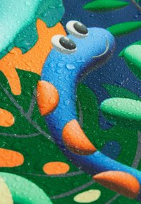 Colorful illustration of a blue snake with orange spots, surrounded by green leaves, featuring a textured, wet surface with visible droplets.