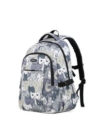 Rugzak met een patroon van een grijze, witte en zwarte kat, voorzien van een voorvak met ritssluiting, gewatteerde schouderbanden en een verstelbare borstband.