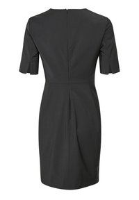 Svart kortärmad klänning med en figurnära silhuett, featuring en dragkedja bak och ett slätt, strukturerat tyg.