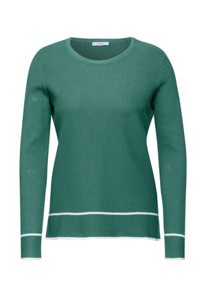 Maglione verde a coste con maniche lunghe, scollo rotondo e dettagli bianchi in fondo. Realizzato in morbido materiale con una finitura texturizzata.