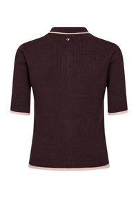 Pull en maille côtelée manches courtes marron foncé avec bordure rose clair aux manches, à l'ourlet et au col, vu de dos.