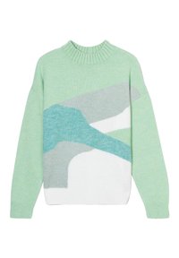 Mintgrøn sweater med ribbet halsudskæring. Har et abstrakt design i lys blå, grå og hvid. Blød strikket tekstur med lange ærmer.