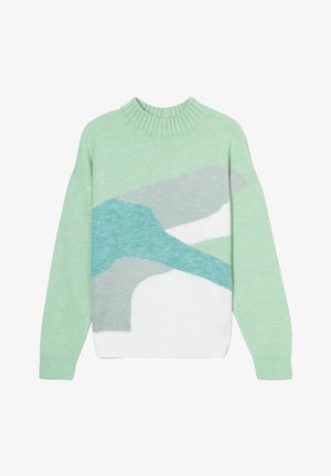 Pull de couleur menthe avec un col côtelé. Présente un design abstrait en bleu clair, gris et blanc. Texture tricotée douce avec des manches longues.
