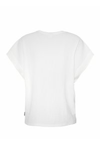 Bílý krátký rukávový top s texturáním materiálem a volným střihem. Kolečkový výstřih a mírně oversized design s decentními švy.