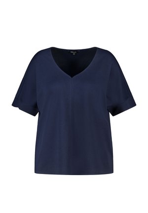 Navyblauw, gebreid topje met korte mouwen, V-hals en omgeslagen mouwen, maat medium, afgebeeld op een witte achtergrond.