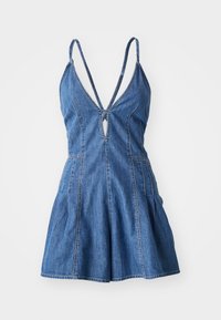 Denim jurk met een aansluitende bovenkant, diepe V-hals en verstelbare spaghettibandjes. Geplooide rok met zijzakken, blauwe kleur en gestikte details.