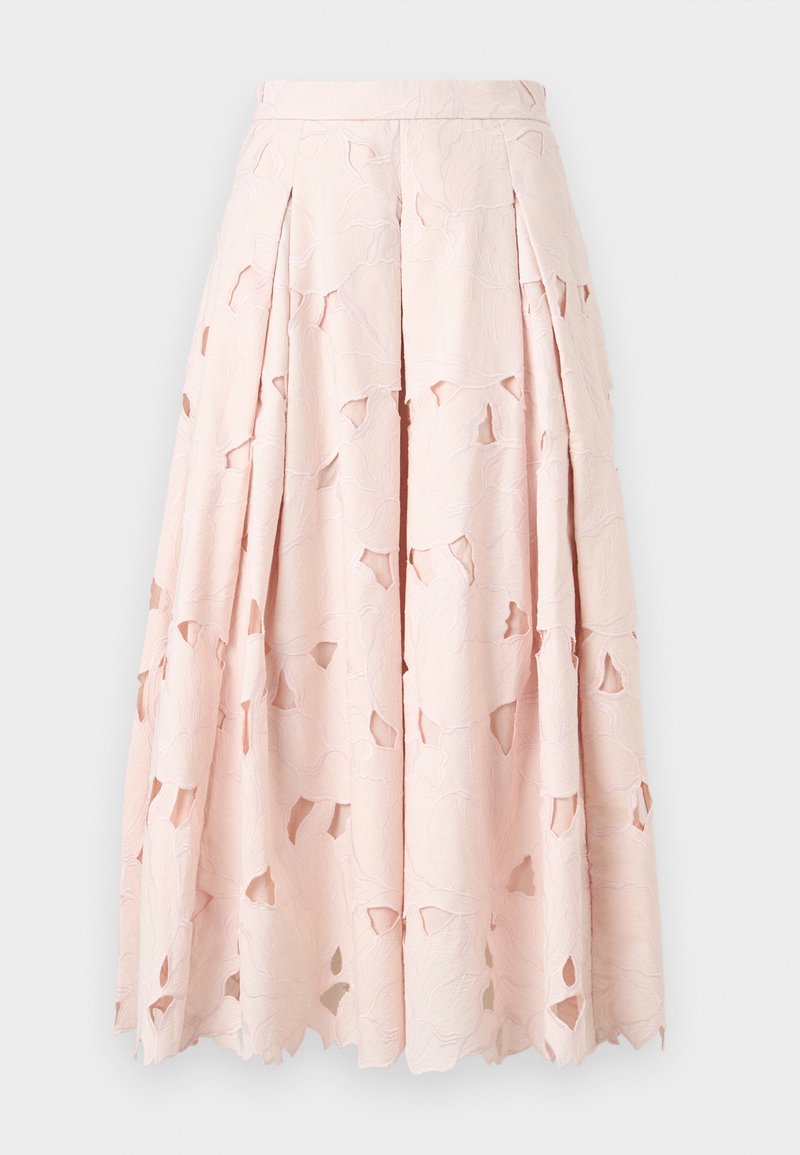Gonna midi rosa chiaro con ritagli floreali e motivo in rilievo, caratterizzata da pieghe e vita aderente.