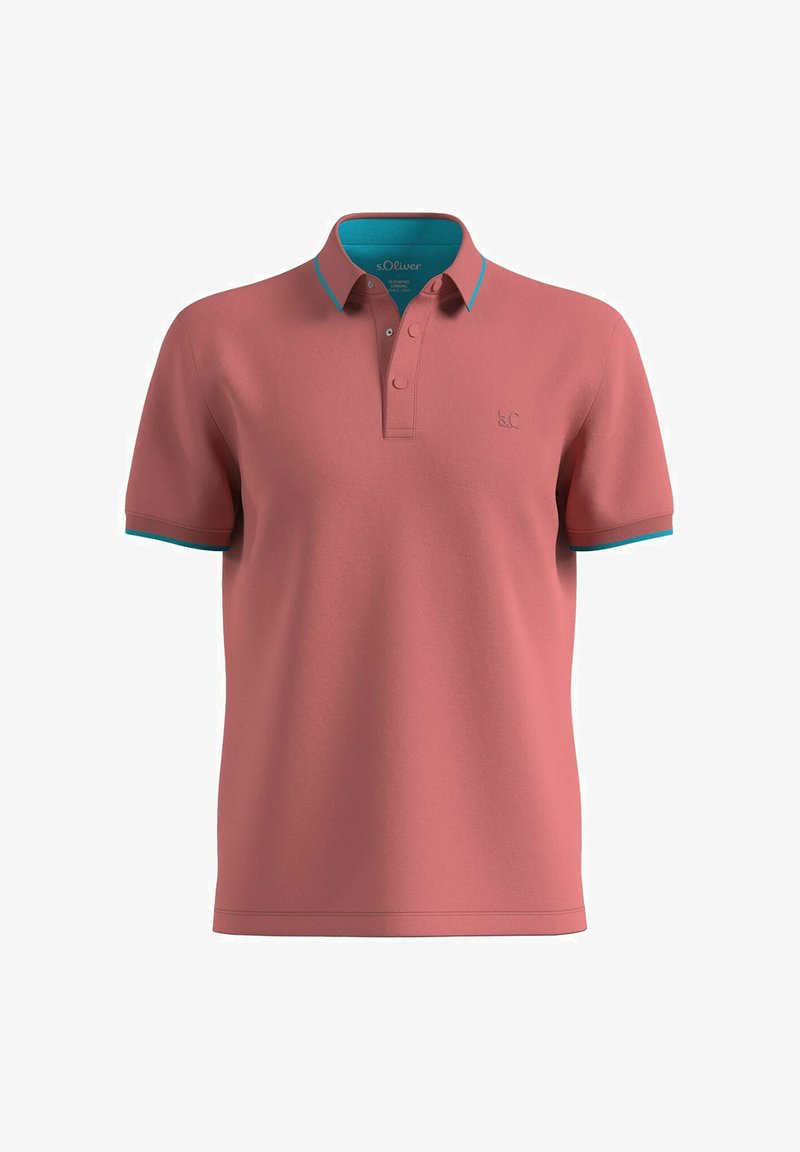 Rosa Poloshirt mit einer Zwei-Button-Leiste, kurzen Ärmeln und türkisfarbenen Akzenten am Kragen und den Ärmelsäumen; glatte Textur.