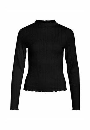 Svart langermet topp med ribbestruktur, høy hals og bølget kant. Glatt stoff med tettsittende design og ingen synlige fester.