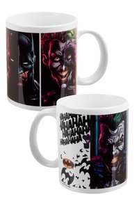 Tazza in ceramica con un'arte colorata che rappresenta Batman e il Joker. Colori nero, bianco e verde, con motivi grafici e il testo "Hahaha."