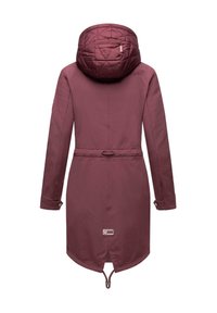 Burgundy long coat with a quilted hood, belted waist, and buttoned cuffs. Features a distinctive logo label at the back hem.