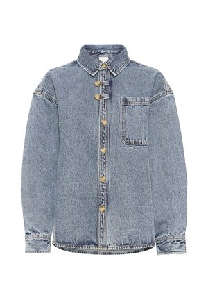 Chemise en denim délavé clair avec fermeture boutonnée, col pointu, poche poitrine et manches longues. Dotée de boutons dorés et d'une coupe décontractée.