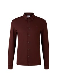 Burgunderfarbendes Longsleeve-Hemd, Knopfverschluss, weicher Stoff, Kragendetail, schwarze Knöpfe, dezentes Logo auf der Brust, taillierte Passform.