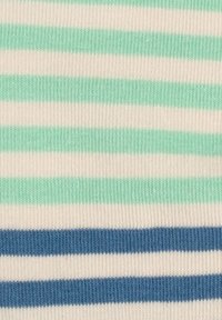 Close-up of knitted fabric with alternating horizontal stripes in mint green, navy blue, and off-white colors.