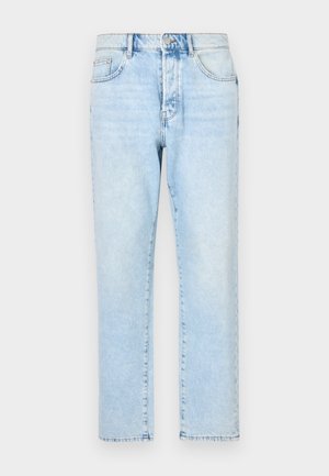 Light blue denim jeans with a straight leg design, faded texture, and traditional five-pocket styling. Front zipper and button closure.