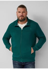 Behaarde man met het haar opgestoken, draagt een turquoise ritsjack over een wit shirt, met de handen in de zakken, staand tegen een effen lichte achtergrond.