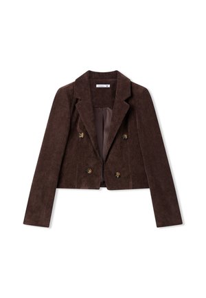 Blazer in corda di vino con davanti doppiopetto, colletto a punta e maniche lunghe. Presenta due bottoni dorati e un design accorciato.