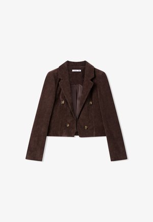 Blazer in corda di vino con davanti doppiopetto, colletto a punta e maniche lunghe. Presenta due bottoni dorati e un design accorciato.