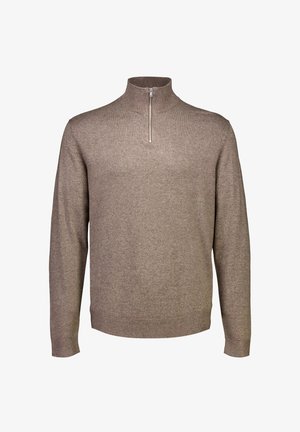 Bruine gebreide pullover met een hoge kraag en een halve rits. Heeft lange mouwen en een aangesloten zoom, gemaakt van een zachte, textuurrijke stof.