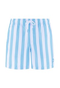 Blaue und weiße gestreifte Badeshorts mit elastischem Bund und verstellbarem Kordelzug, versehen mit einem kleinen Logo auf der unteren rechten Seite.