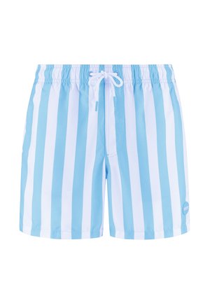 Blaue und weiße gestreifte Badeshorts mit elastischem Bund und verstellbarem Kordelzug, versehen mit einem kleinen Logo auf der unteren rechten Seite.