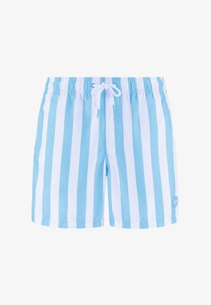 Blaue und weiße gestreifte Badeshorts mit elastischem Bund und verstellbarem Kordelzug, versehen mit einem kleinen Logo auf der unteren rechten Seite.