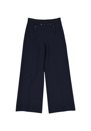 Pantalones de pierna ancha de talle alto en azul marino con dos filas verticales de botones negros cerca de la cintura delantera.