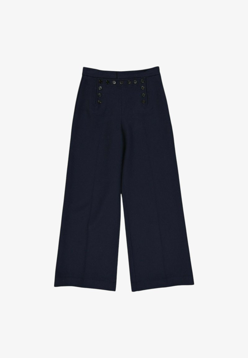 Pantalon large taille haute bleu marine avec deux rangées verticales de boutons noirs près de la ceinture à l'avant.