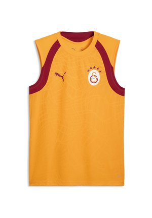 Ärmelloses Sportshirt in Gelb mit kastanienrotem Rand, Puma-Logo auf der rechten Brust und Galatasaray Fußballclub-Emblem auf der linken Brust.