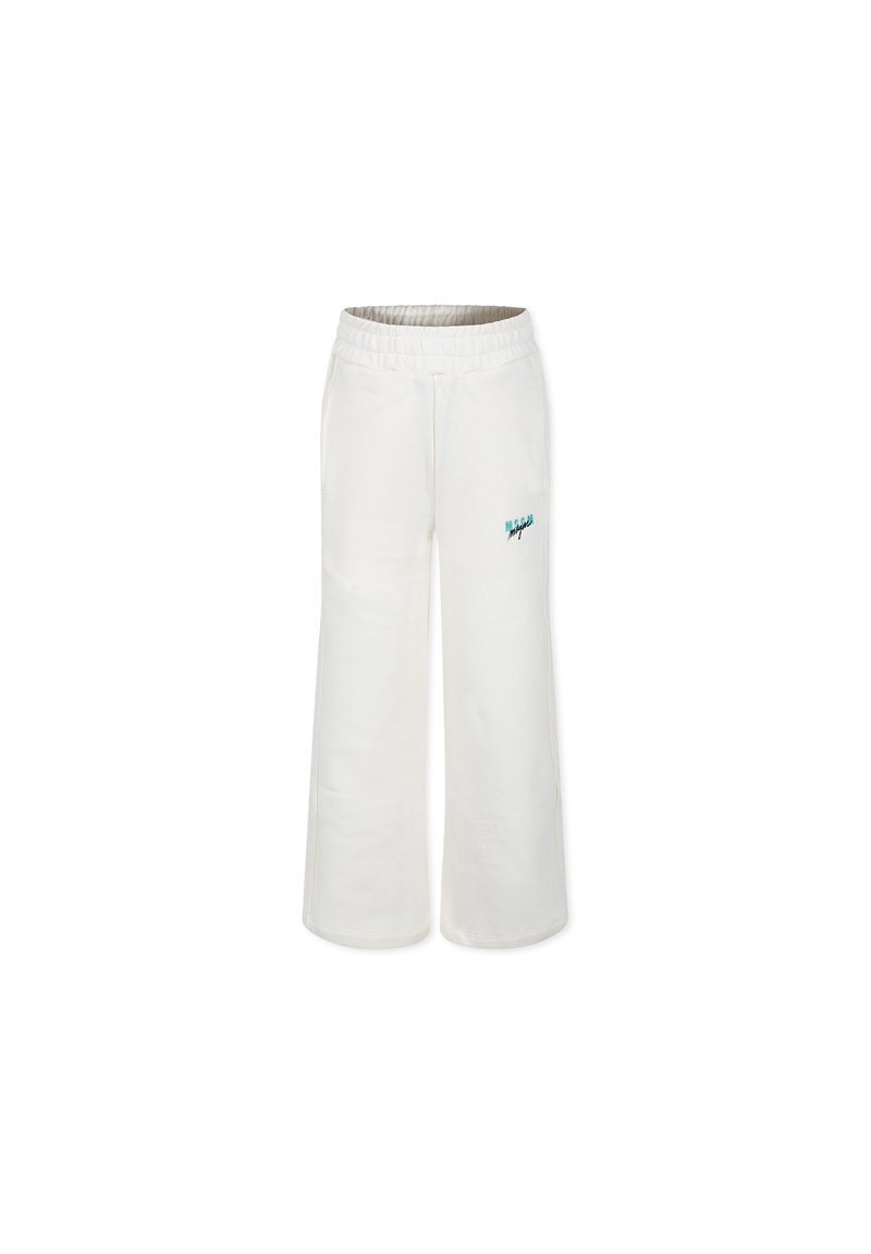 Pantalon de survêtement blanc à jambes larges avec une taille élastique et un logo vert sur le devant. Le tissu semble doux et texturé.