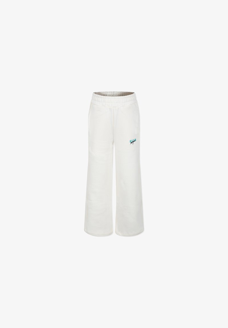 Witte, brede sweatpants met een elastische tailleband en een groen logo-detail aan de voorkant. De stof lijkt zacht en textuur te hebben.