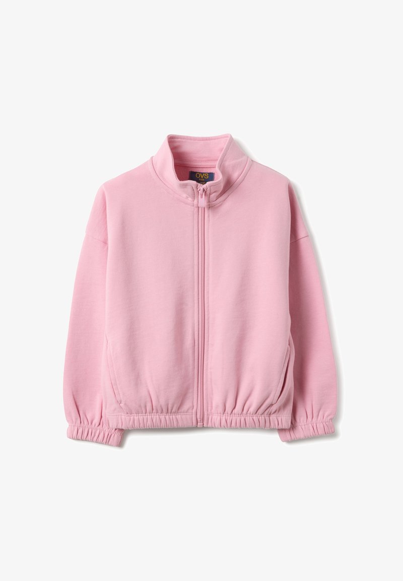 Hellrosa Reißverschlussjacke aus weichem Stoff, mit Stehkragen, elastischen Bündchen und einem gerafften Taillenbund für eine lässige Passform.