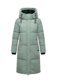 Vadderad kappa i ljusgrön med huva, med dragkedjefickor, svarta ärmslut och vertikal quiltad design överallt.